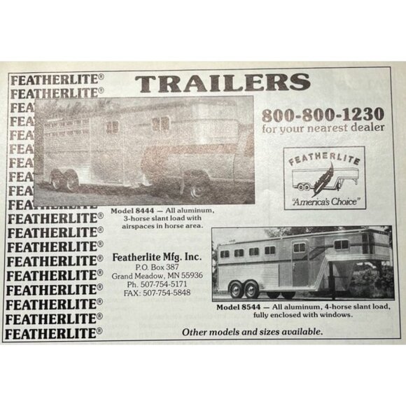 Featherlite Trailers Vintage Print Ad 1990s Horse Trailers Grand Meadow MN - Picture 6 of 6